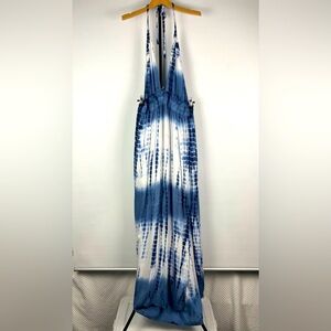 En Creme Blue White Tie Dye Triangle Bust‎ Elastic Waist Rayon Maxi Halter Dress